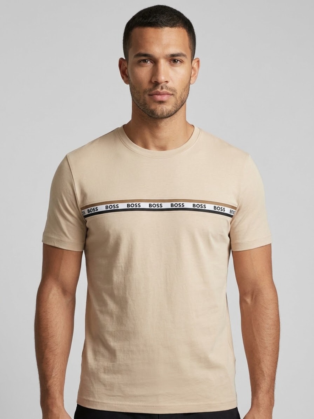 Men's BOSS Chest Tape Logo T-Shirt Crew Neck Short Sleeve Cotton Casual